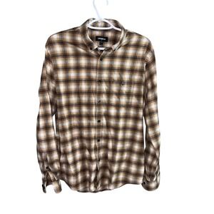 Express Flannel Button Down Shirt Mens Large Brown Plaid Long Sleeve Pocket